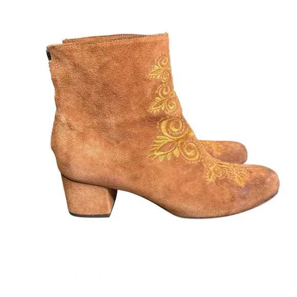 FREE PEOPLE rare Chelsea 38 US 7.5 Suede Chestnut Embroidered Ankle Zip Boots S5 - Picture 8 of 12